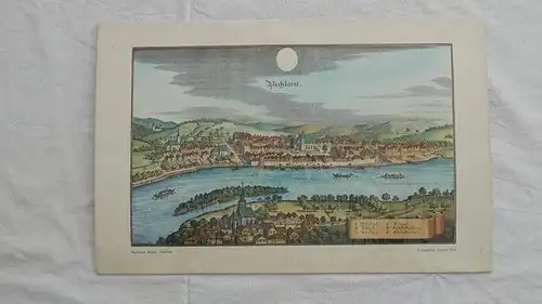 handcolorierter Druck-alte Stadtansicht-Druck-Pöchlarn-Matthaeus Merian-foliert-