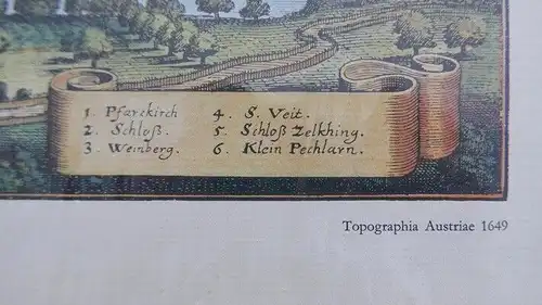 handcolorierter Druck-alte Stadtansicht-Druck-Pöchlarn-Matthaeus Merian-foliert-