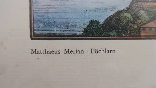 handcolorierter Druck-alte Stadtansicht-Druck-Pöchlarn-Matthaeus Merian-foliert-