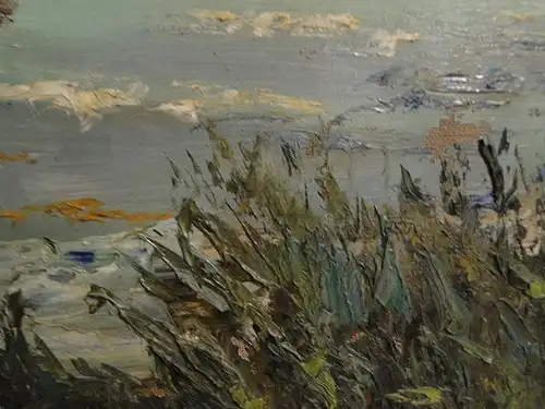 3492D-Öl auf Leinen-Landschaft-Boot auf einem See-signiert-W. Horblech-Gemälde-B