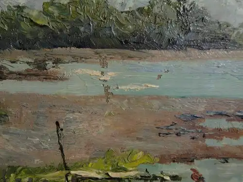 3492D-Öl auf Leinen-Landschaft-Boot auf einem See-signiert-W. Horblech-Gemälde-B