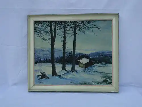 5807-Bild-"Winterlandschaft mit Holzhütte"-Öl auf Leinen-signiert-mit Rahmen-Ölg