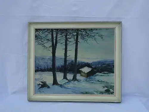 5807-Bild-"Winterlandschaft mit Holzhütte"-Öl auf Leinen-signiert-mit Rahmen-Ölg