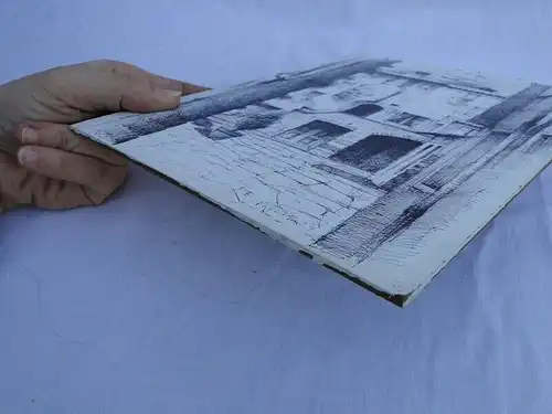 5844D-Bild -"der Innenhof"-mit Tusche gezeichnet- Öl auf Holz-Bild-Tuschezeichnu