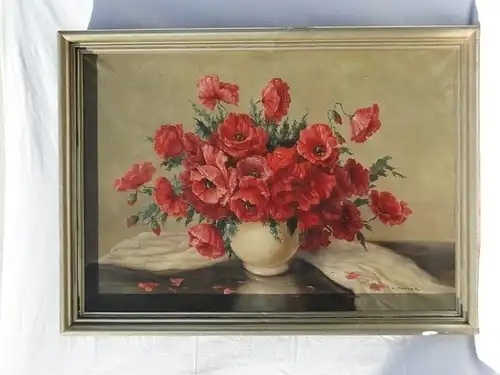 5727D-Ölbild-Gemälde-Mohnblumen-Öl auf Leinen-Stillleben-Gemälde- signiert-Bild