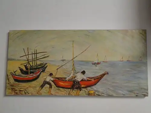 3493D-Gemälde-Bild-Öl auf Leinen-Landschaft-Fischerboote am Strand-signiert-