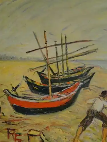 3493D-Gemälde-Bild-Öl auf Leinen-Landschaft-Fischerboote am Strand-signiert-