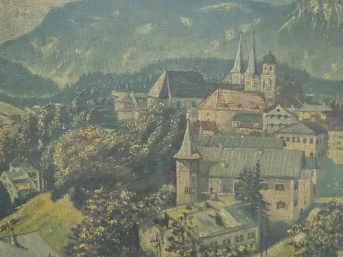 4053D/T68-Öl auf Leinen-Landschaft-Stadt im Hochgebirge-signiert-Karl Uhr-1934