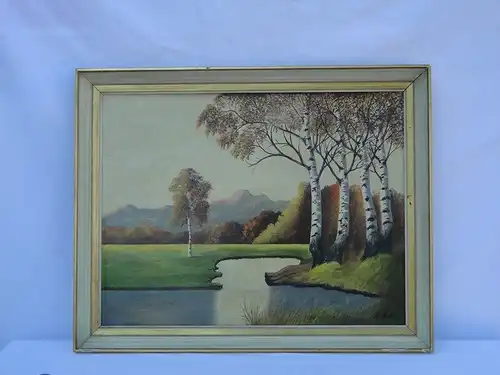 5646-Bild-Ölgemälde-Landschaft-"See mit Birken"-Öl auf Holz-mit Rahmen-Ölbild