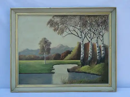 5646-Bild-Ölgemälde-Landschaft-"See mit Birken"-Öl auf Holz-mit Rahmen-Ölbild