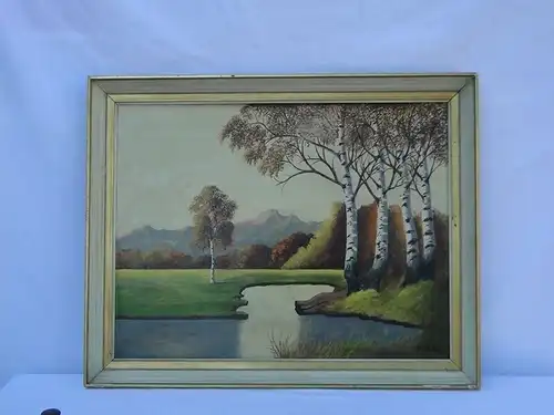 5646-Bild-Ölgemälde-Landschaft-"See mit Birken"-Öl auf Holz-mit Rahmen-Ölbild