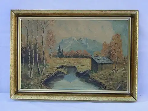 5829-Bild-"Landschaftsbild-Gemälde-Hütte am Wasser"-Öl auf Karton- Ölbild-Ölgemä