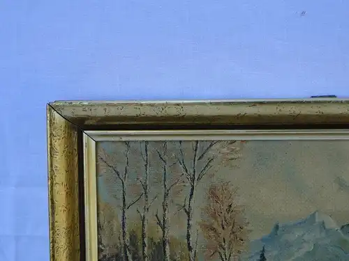 5829-Bild-"Landschaftsbild-Gemälde-Hütte am Wasser"-Öl auf Karton- Ölbild-Ölgemä