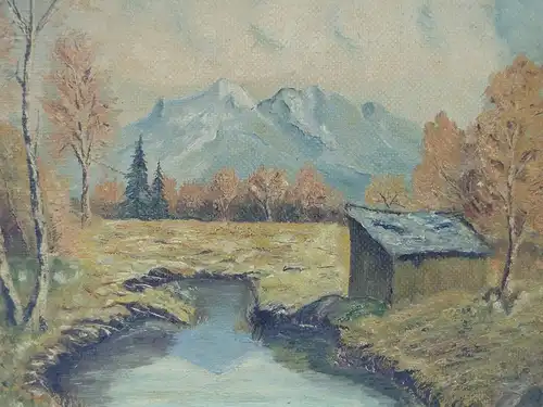 5829-Bild-"Landschaftsbild-Gemälde-Hütte am Wasser"-Öl auf Karton- Ölbild-Ölgemä