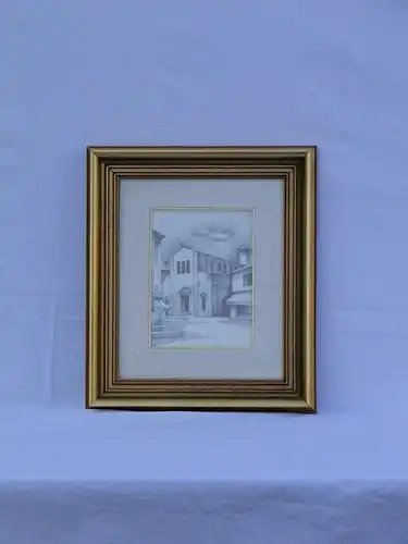 5845D-Bild-"Architektur"-mit Tusche gemalt-mit Rahmen-Öl auf Holz-Bild
