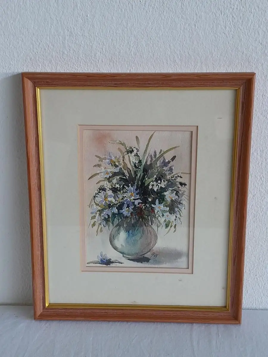 H544-Stillleben-Aquarell-Bild-Gemälde-Blumen in der Vase-Passepartout-gerahmt- 0