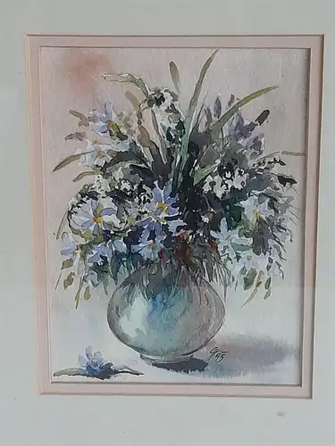 H544-Stillleben-Aquarell-Bild-Gemälde-Blumen in der Vase-Passepartout-gerahmt-