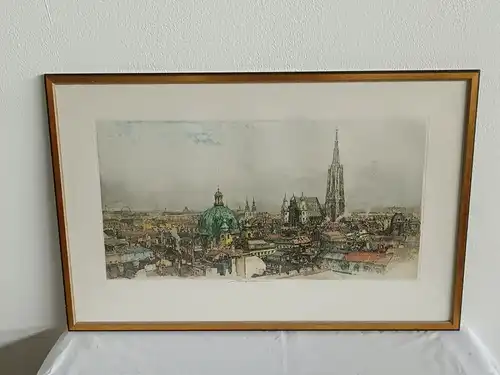H272-Gemälde-Bild-Blick auf Wien-Radierung-signiert-gerahmt-Passepartout-