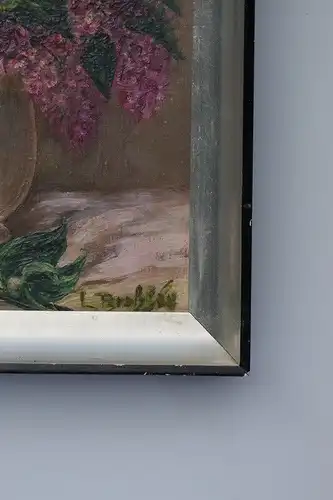 3837D-Stillleben-Gemälde-Bild-Öl auf Holz-signiert-Flieder in Vase