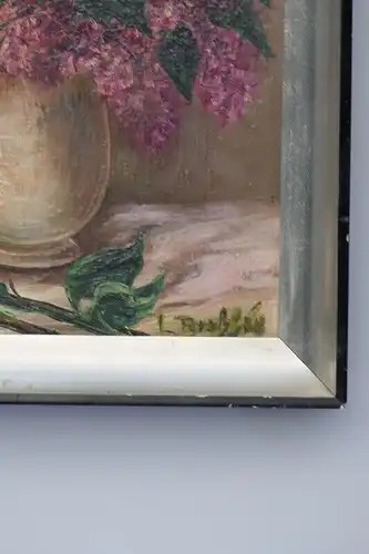 3837D-Stillleben-Gemälde-Bild-Öl auf Holz-signiert-Flieder in Vase