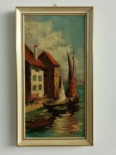 H273-Landschaftsbild-Öl auf Leinen-Gemälde-Bild-Segelboote am Meer-gerahmt-