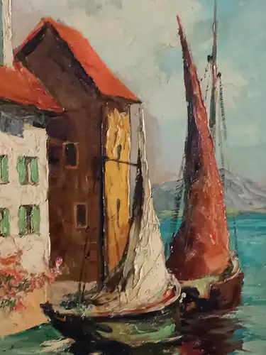 H273-Landschaftsbild-Öl auf Leinen-Gemälde-Bild-Segelboote am Meer-gerahmt-