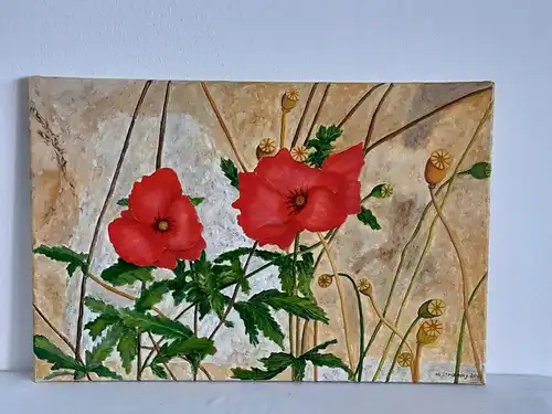 H695-Gemälde-Blume-Mohnblumen-auf Leinen-signiert-datiert-