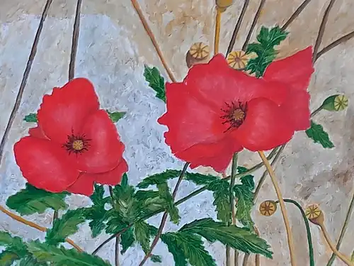 H695-Gemälde-Blume-Mohnblumen-auf Leinen-signiert-datiert-
