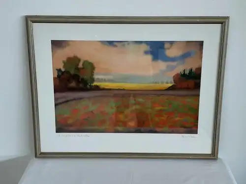 H686-Aquarell-Landschaftsbild-Gemälde-Bild-Mohnfeld-signiert-gerahmt-