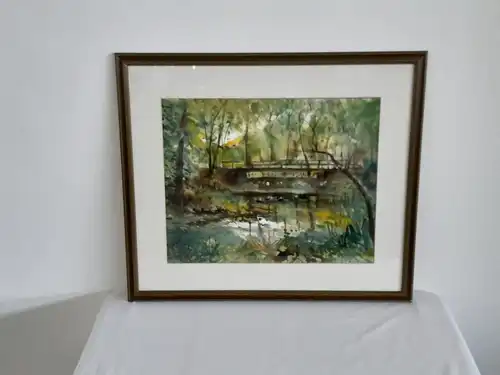 H691-Landschaftsbild-Aquarell-Natur-Bild-Gemälde-gerahmt-signiert-Passepartout-