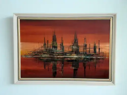 H658-Gemälde-Skyline-Bild-Öl auf Leinen-Ölbild-signiert-gerahmt-