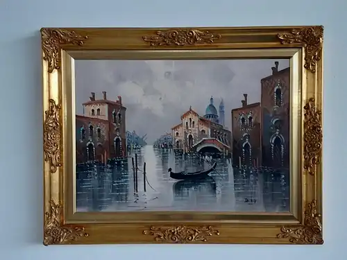 H657-Gemälde-Öl auf Leinen-Venedig-Bild-Ölbild-Prunkrahmen-signiert-gerahmt-