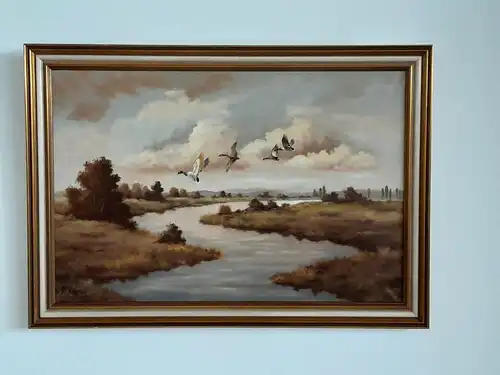 H668-Landschaftsbild-Öl auf Leinen-Gemälde-Wildenten-Bild-signiert-gerahmt-