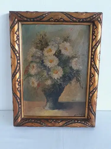 H707-Stillleben-Gemälde-Öl auf Holz-Ölbild-Blumen in Vase-gerahmt-signiert-Bild-