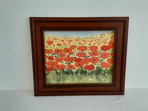 H741-Blumenbild-Mohnblumen-Seidenmalerei-Bild-Gemälde-signiert-datiert-gerahmt-