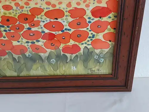H741-Blumenbild-Mohnblumen-Seidenmalerei-Bild-Gemälde-signiert-datiert-gerahmt-