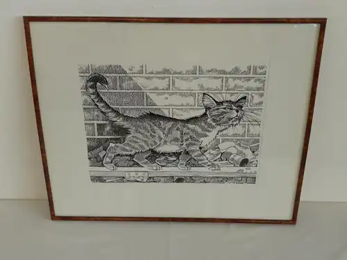 H747-Tuschezeichnung-Katze-Bild-Gemälde-Passepartout-hinter Glas-signiert-