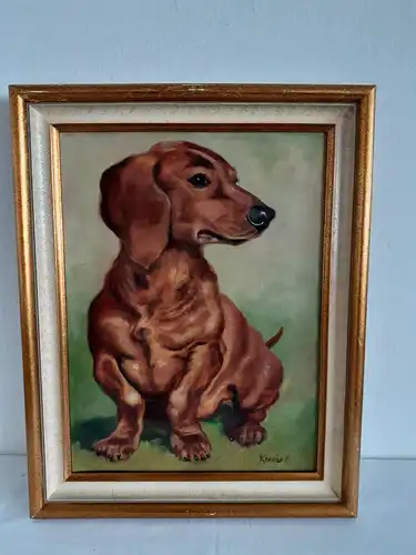 H697-Gemälde-Bild-Dackel-auf Leinen-signiert-gerahmt-Hund-