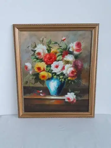 H958-Stillleben-Blumenbild-Öl auf Leinen-Gemälde-signiert-gerahmt-Ölbild-Bild-