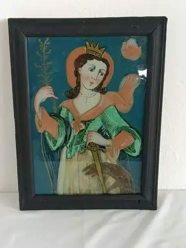 H969-Glasmalerei-Heilige Katharina-Heiligenbild-Gemälde-Bild-gerahmt-Malerei