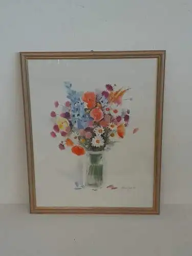 H988-Aquarell-Stillleben-Blumen in der Vase-hinter Glas-signiert-gerahmt-datiert