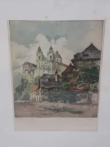 H992-Landschaftsbild-original-Farbradierung-signiert-gerahmt-Stift Melk-Stadt-