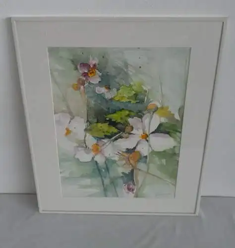 H936-Aquarell-Blumenbild-Gemälde-Bild-gerahmt-signiert-datiert-Passepartout-