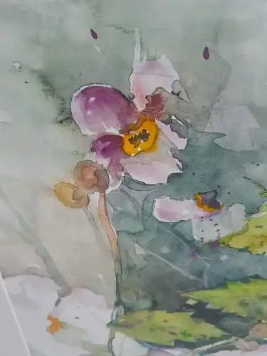 H936-Aquarell-Blumenbild-Gemälde-Bild-gerahmt-signiert-datiert-Passepartout-