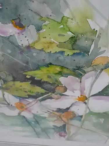 H936-Aquarell-Blumenbild-Gemälde-Bild-gerahmt-signiert-datiert-Passepartout-