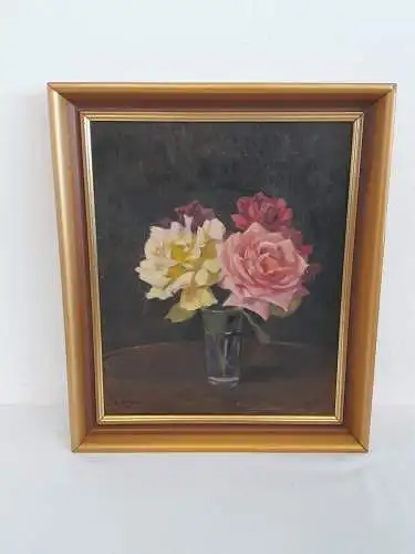 H1009-Ölbild-Stillleben-Öl auf Leinen-Blumen in einer Vase-signiert-gerahmt-Bild