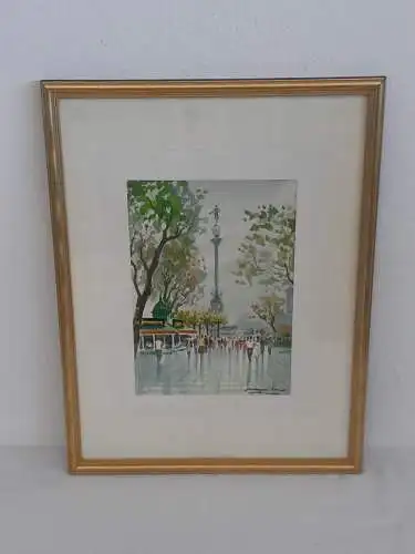 H1008-Aquarell-Stadtbild-Gemälde-Passepartout-signiert-gerahmt-Bild-Malerei