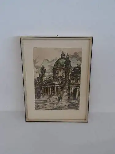 H1006-Stadtbild-Karlskirche-Original-Radierung-handkoloriert-signiert-gerahmt-