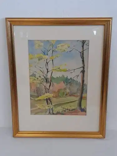 H1000-Landschaftsbild-Aquarell-Gemälde-Passepartout-signiert-gerahmt-datiert-