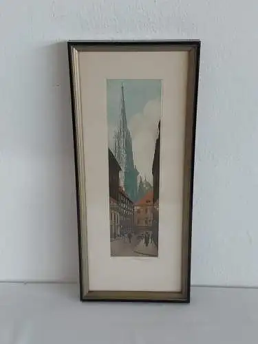 H868-original-Farbradierung-Innere Stadt-Stadtbild-Gemälde-signiert-gerahmt-Bild